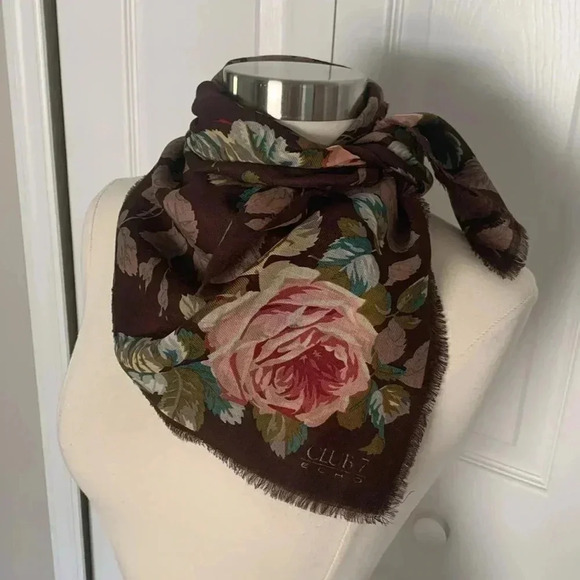 Brown and pink rose printed wool scarf club seven by echo - Picture 5 of 6